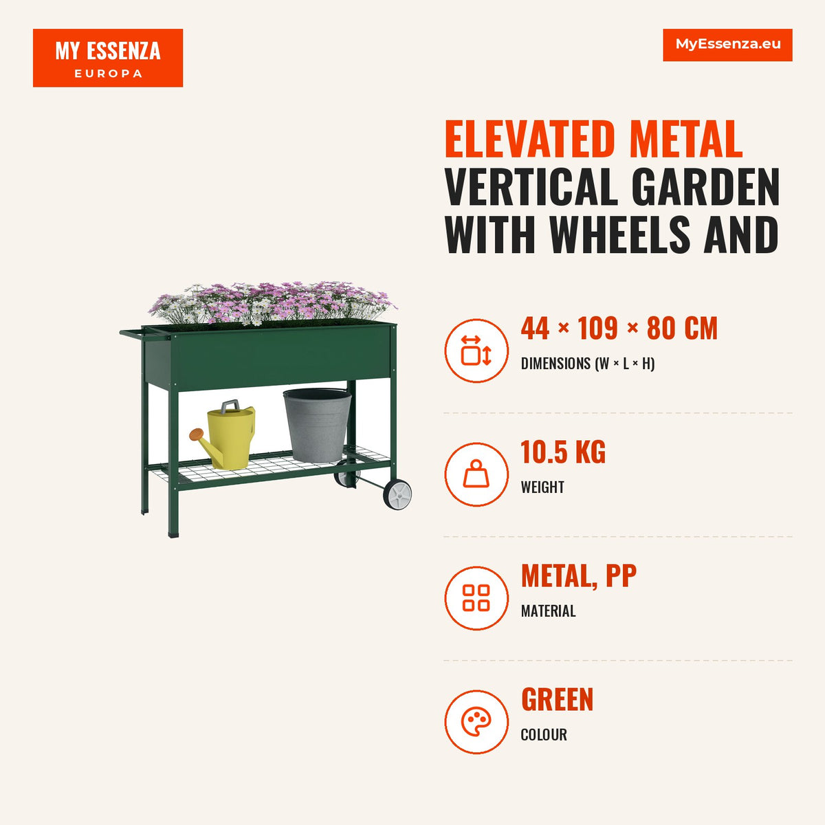 Horta Vertical Elevada de Metal Horta Vertical com Rodas Alça Lateral e Prateleira Inferior para Cultivo de Plantas Flores 109x44x80 cm Verde — Infografia | Infographic — dimensions
