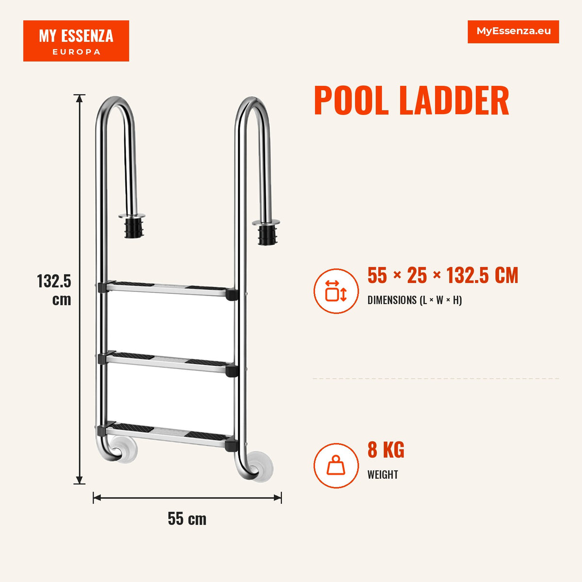 Escada para Piscina com 3 Degraus Antiderrapantes em Aço Inoxidável 304 55 x 25 x 132,5 cm — Infografia | Infographic — dimensions