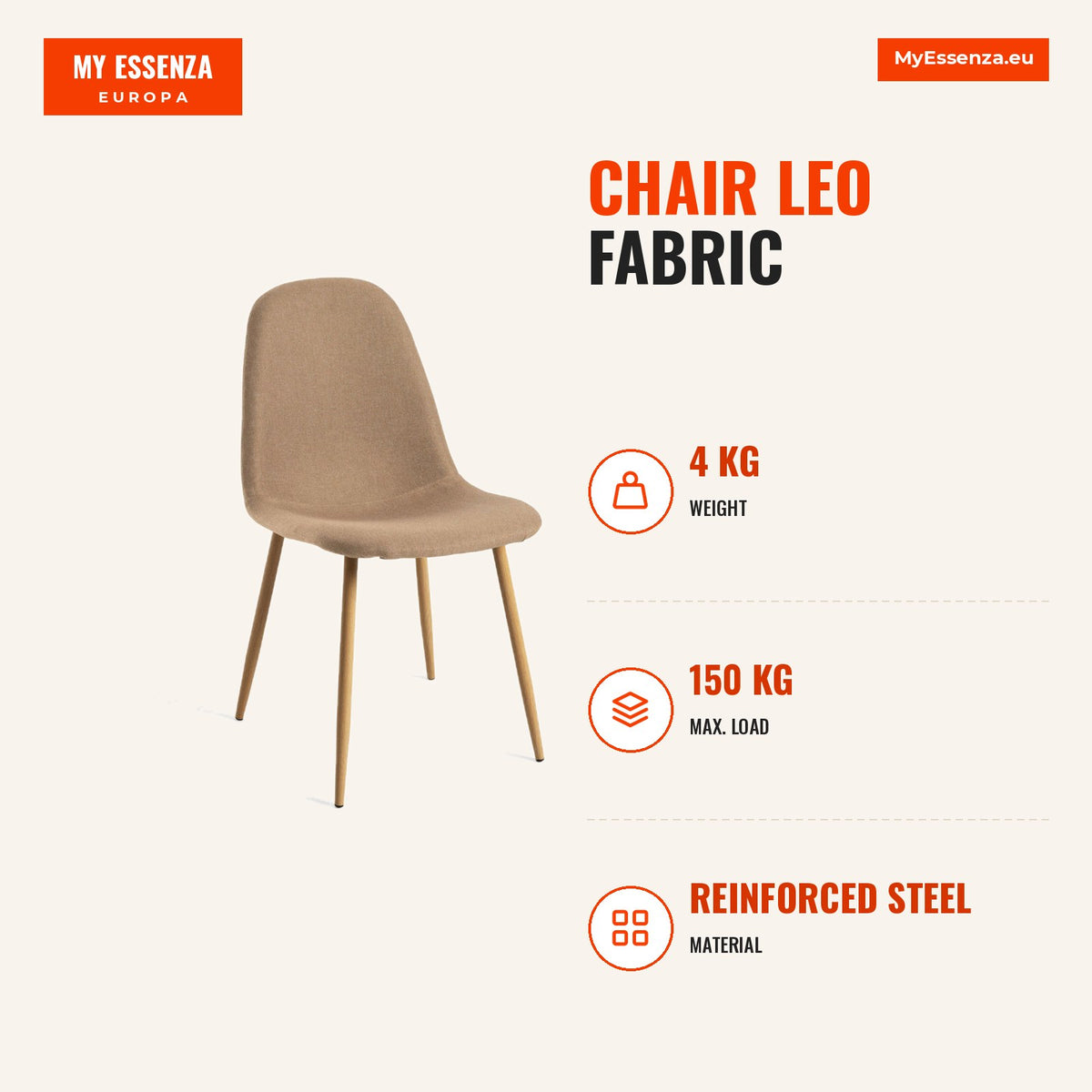Cadeira Leo Tecido — Marrom areia — Infografia | Infographic — dimensions