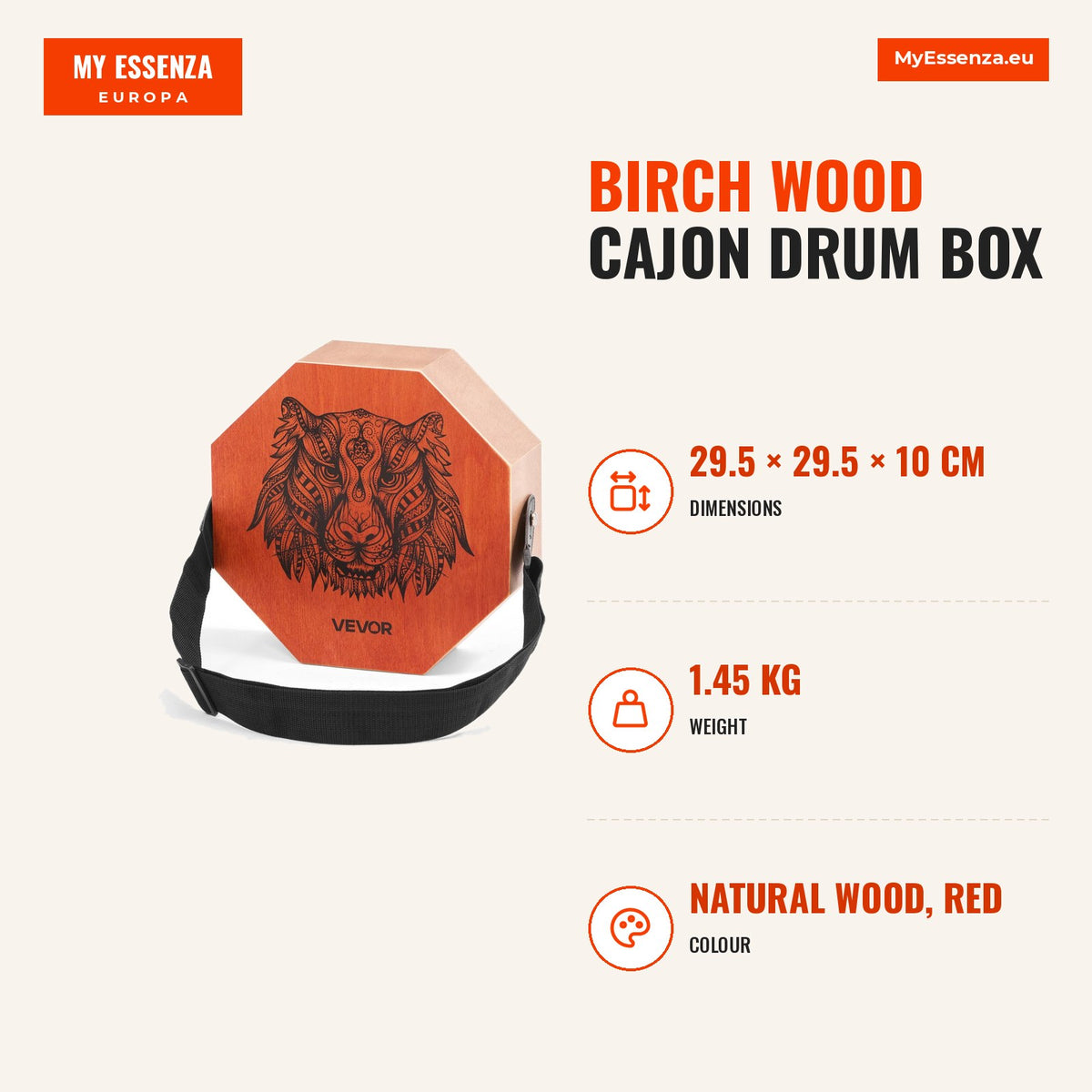 Caixa de Ritmo Cajon Madeira Bétula 295×295×100 mm — Infografia | Infographic — dimensions