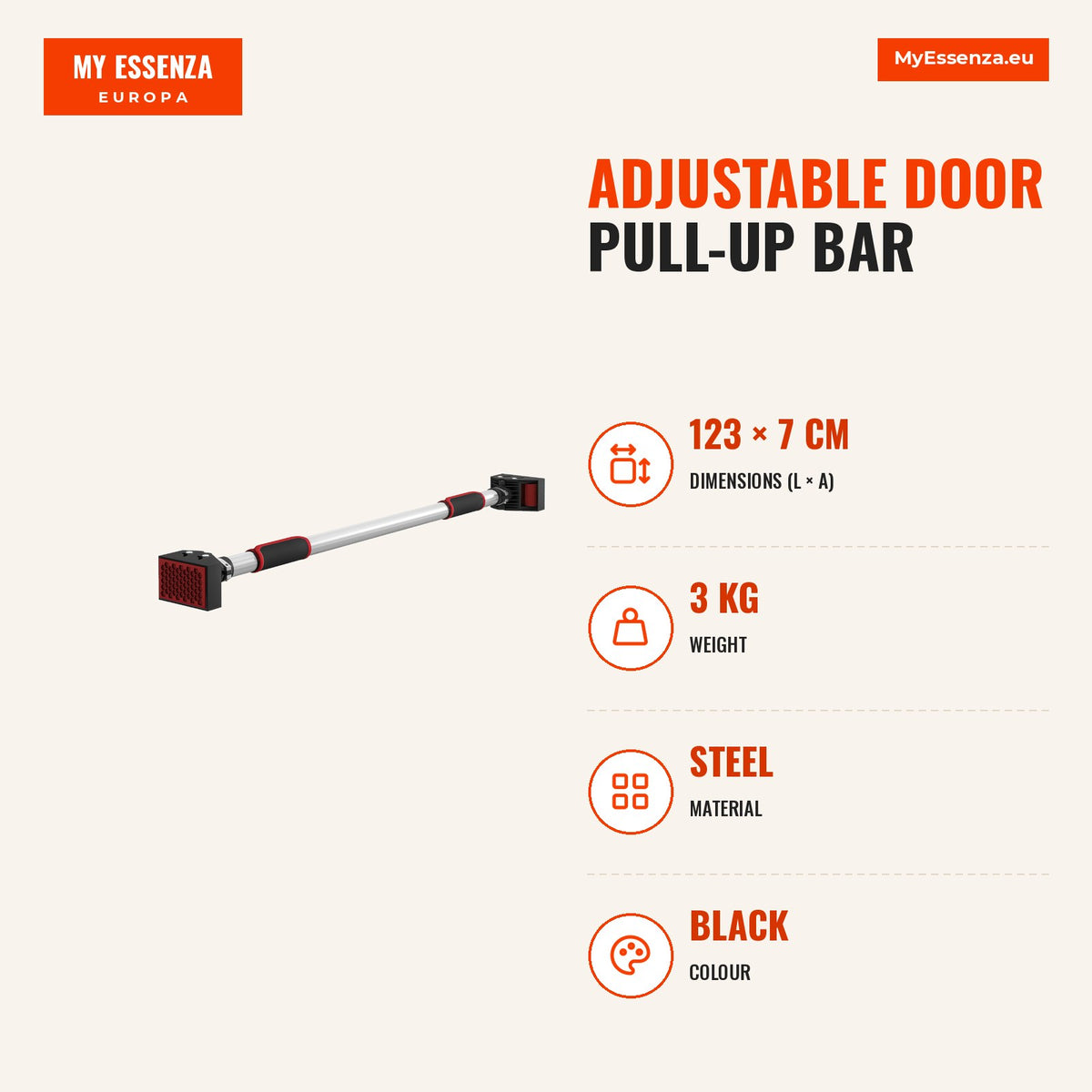 Barra de Elevação para Porta Barra para Fazer Elevações Ajustável de 95 cm a 123 cm Carga 200 kg para Exercícios e Treino em Casa Ginásio Vermelho e P — Infografia | Infographic — dimensions
