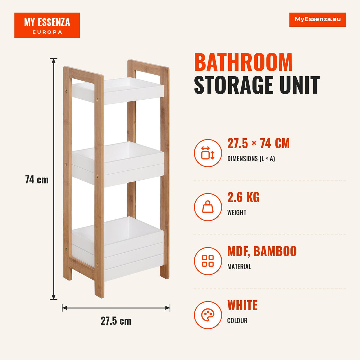 Móvel Auxiliar Banheiro com 3 Prateleiras Organizadoras de Bambu para 27,5x20,8x74 cm Cor Branco e Natural — Infografia | Infographic — dimensions