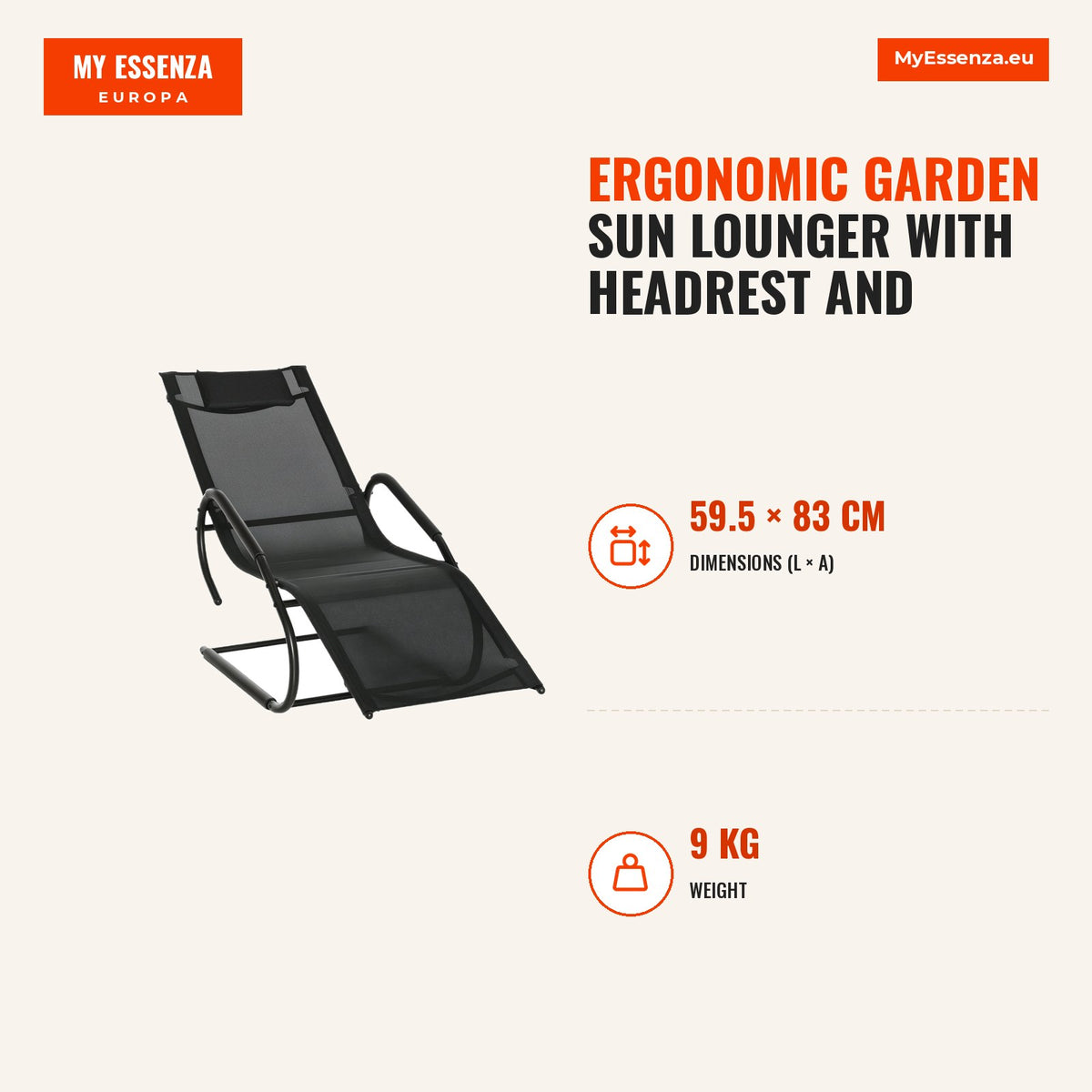 Espreguiçadeira de Jardim Ergonómica com Apoio para a Cabeça e Apoio para os Braços Espreguiçadeira Estofada em tecido Textilene Respirável para Terra — Infografia | Infographic — dimensions