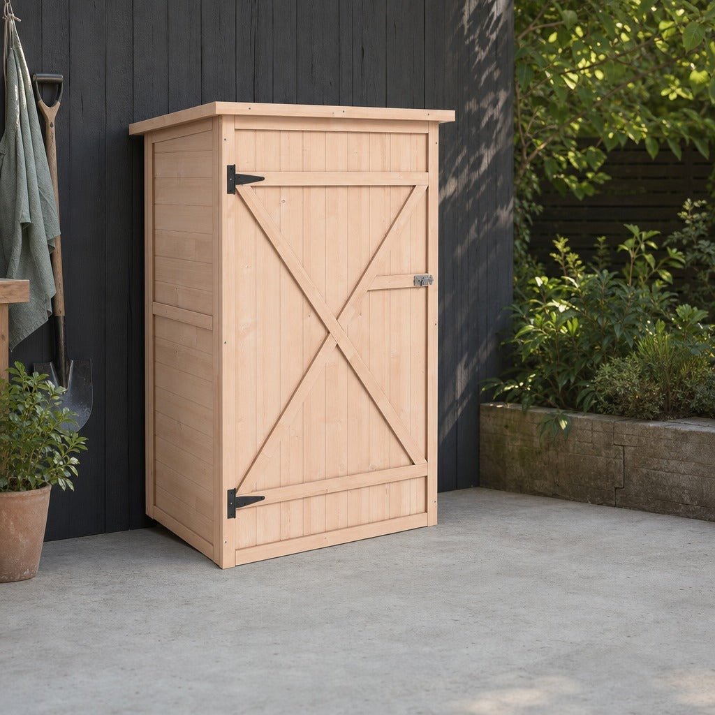 Armário de Jardim de Madeira 75x56x115cm Armário de Jardim para Ferramentas com 3 Prateleiras Interiores Porta com Trava e Teto Asfáltico Madeira — Ambiente | Lifestyle