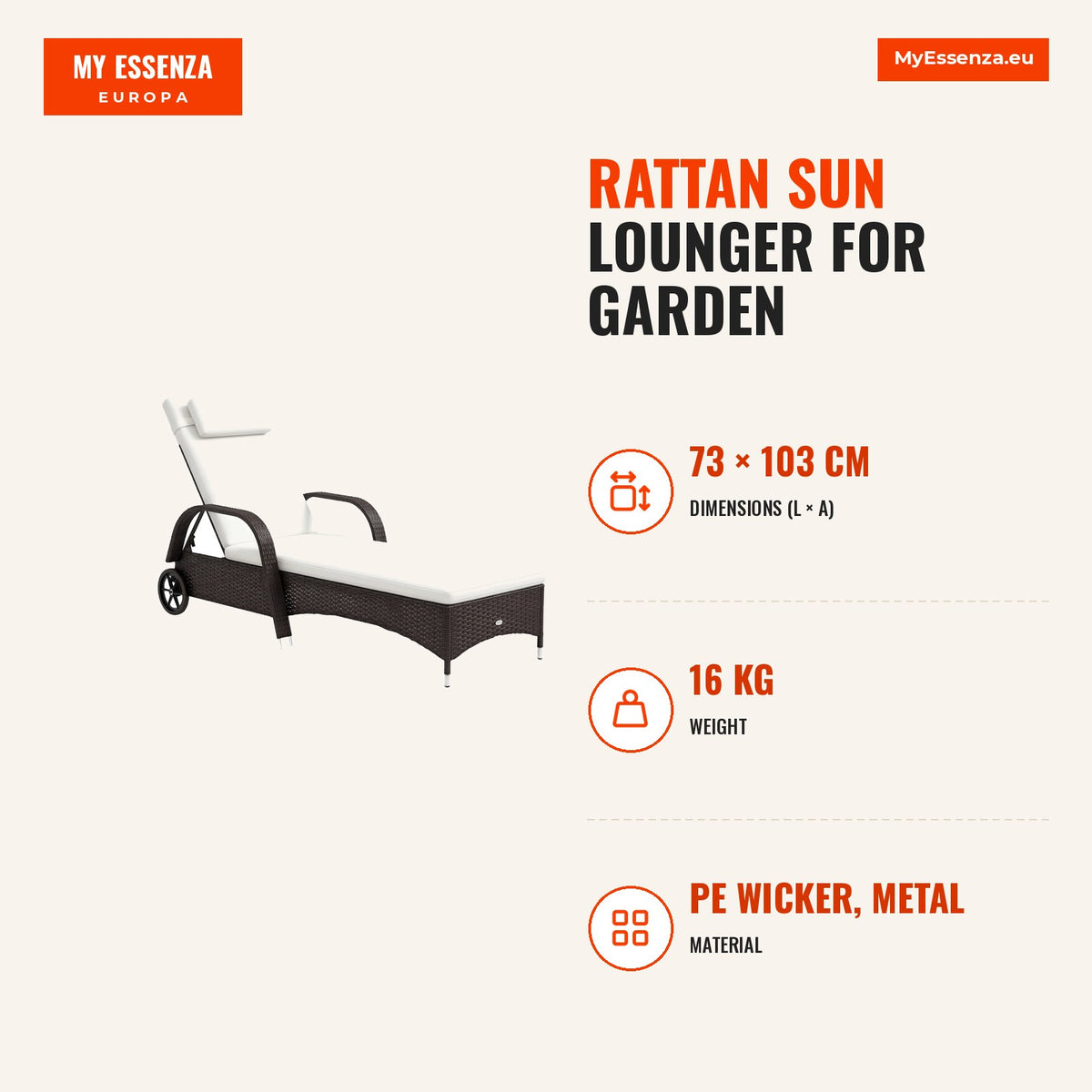 Espreguiçadeira de Vime Jardim Espreguiçadeira com Encosto Ajustável em 5 Posições Almofadas Acolchoadas Apoio para a Cabeça e 2 Rodas 200x73x56-103cm — Infografia | Infographic — dimensions