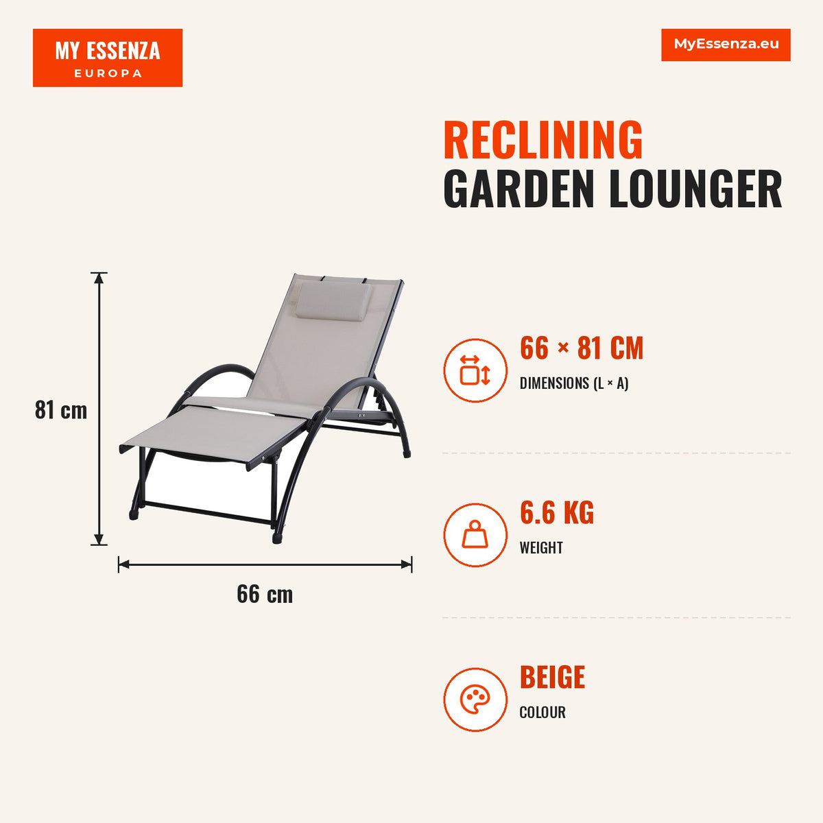 Espreguiçadeira de Jardim Reclinável com Encosto Ajustável de 5 Níveis Apoio para os Pés Regulável e Apoio para a Cabeça Removível para Terraço Balcão — Infografia | Infographic — dimensions