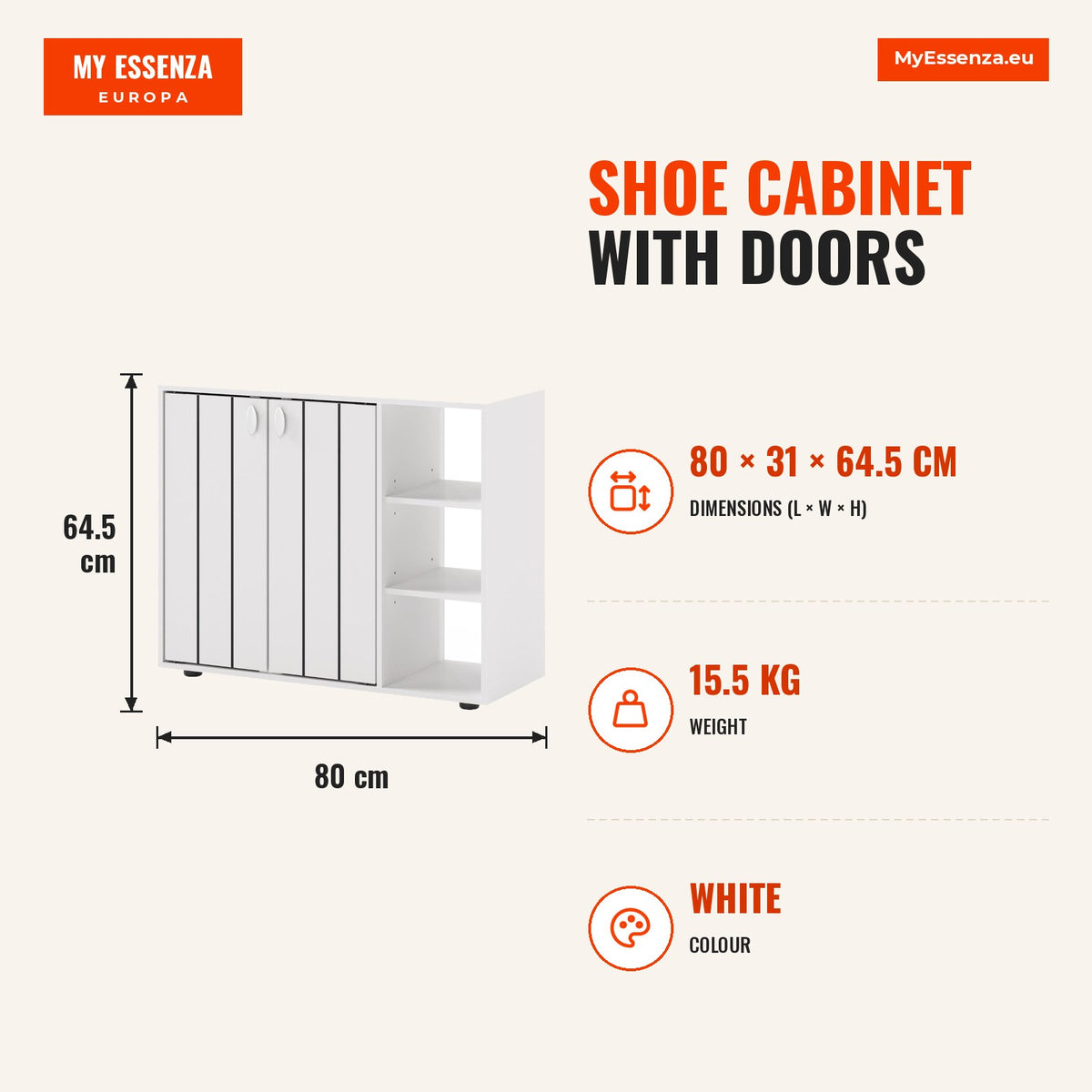 Sapateira com Portas 3 Níveis Prateleiras Ajustáveis Organizador Moderno Madeira Branco — Infografia | Infographic — dimensions