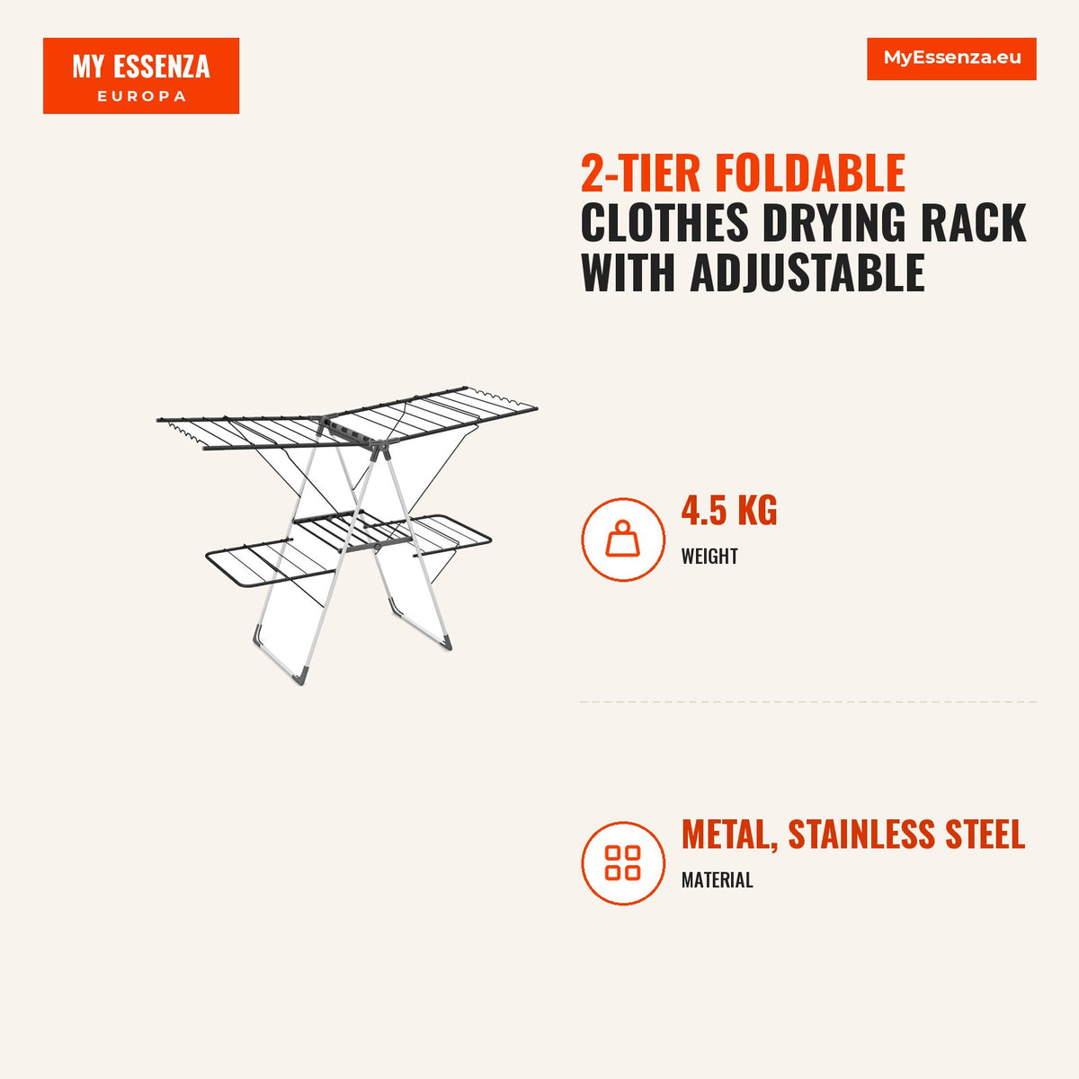 Estendal de Roupa 2 Níveis Dobrável com Asas Ajustáveis e Clips para Meias - Estrutura Aço Inoxidável — Infografia | Infographic — dimensions