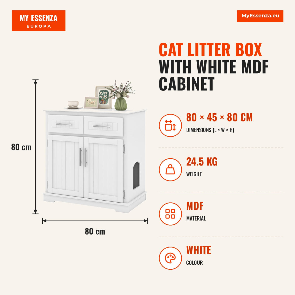 Caixa de Areia para Gatos com Móvel em MDF Branco e 2 Gavetas com Portas Duplas — Infografia | Infographic — dimensions