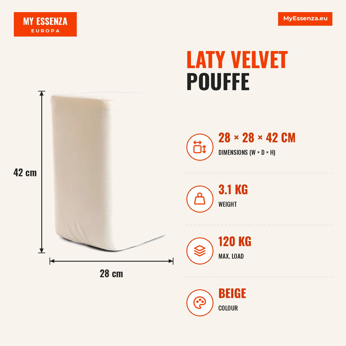 Puff Laty Veludo — Beige — Infografia | Infographic — dimensions