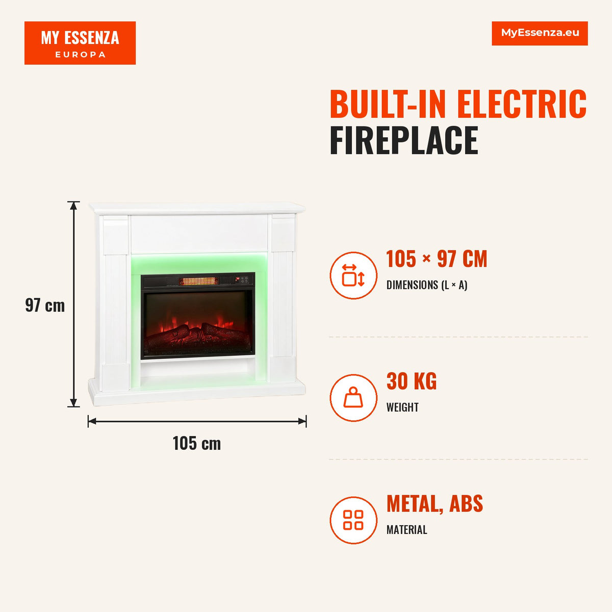Lareira Elétrica Empotrada com Efeito de Chama 3D e Tira de Luz LED RGB 1800W Temporizador Termostato Digital Controlo Remoto para 30 m² 105x27x97 cm  — Infografia | Infographic — dimensions