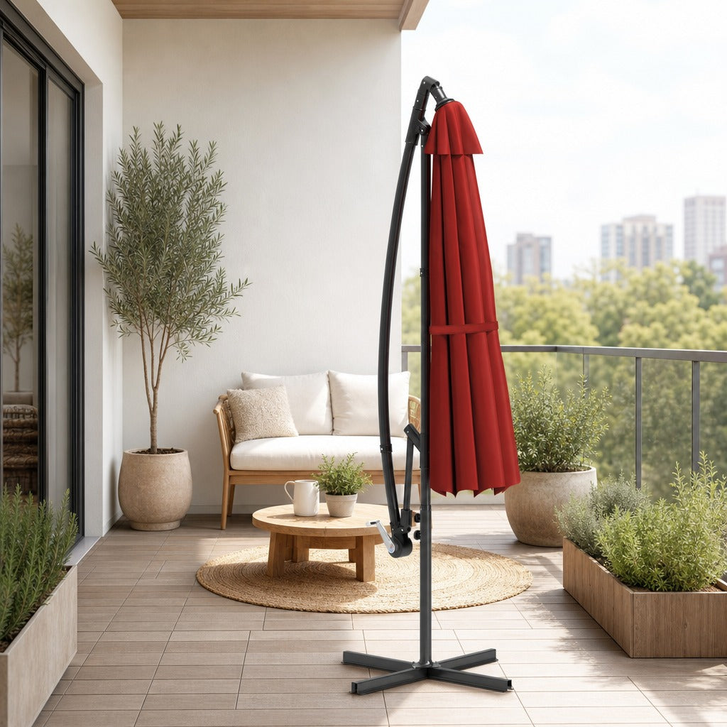 Chapéu de Sol de Jardim Ø295x245 cm Chapéu de Sol Excêntrico Inclinável com Manivela Base Cruzada Suporte de Aço e Proteção Solar para Terraço Exterior Vinho — Ambiente | Lifestyle