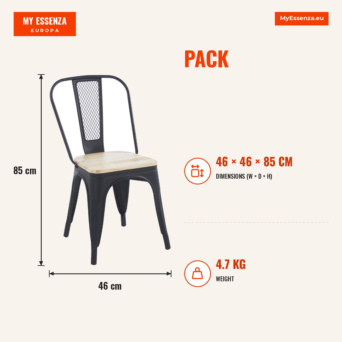 Pack 4 Cadeiras Lixva Madeira Natural — Preto mate — Infografia | Infographic — dimensions