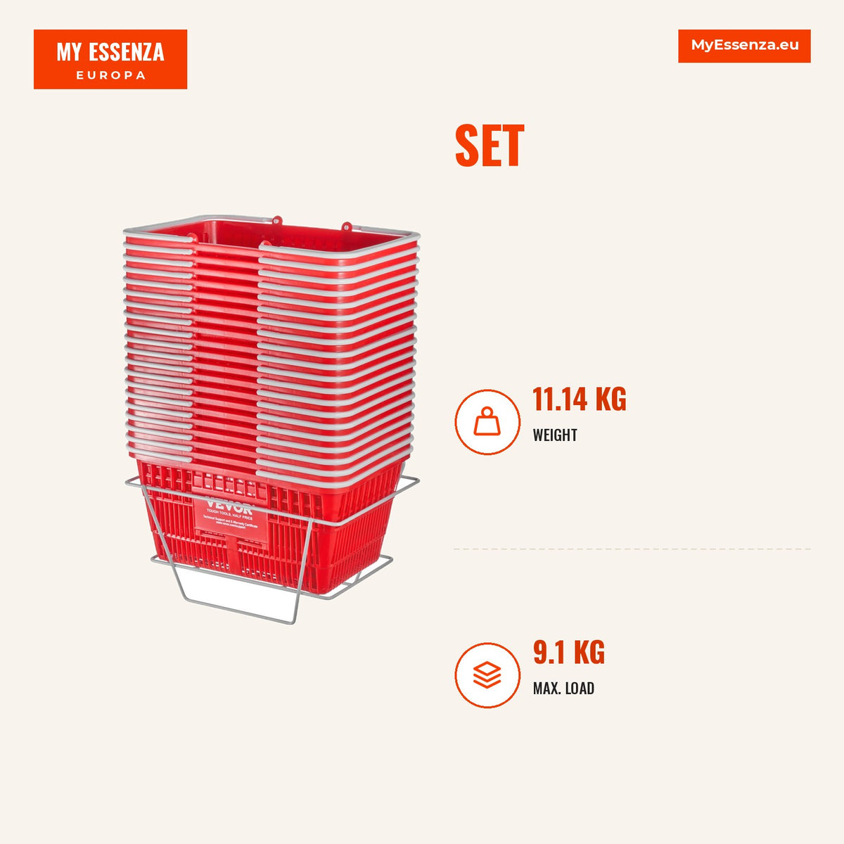 Conjunto 20 cestos compras 21 L plástico vermelho — Infografia | Infographic — dimensions