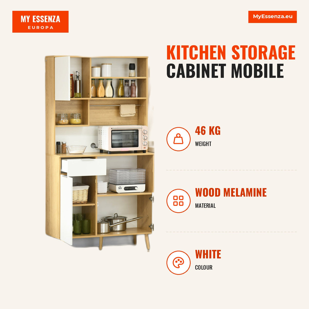 Armário de Cozinha Móvel Auxiliar de Cozinha com 3 Portas Gaveta Prateleira Ajustável Bancada para Micro-Ondas e Suporte para Panos 93x40x180 cm Madei — Infografia | Infographic — dimensions