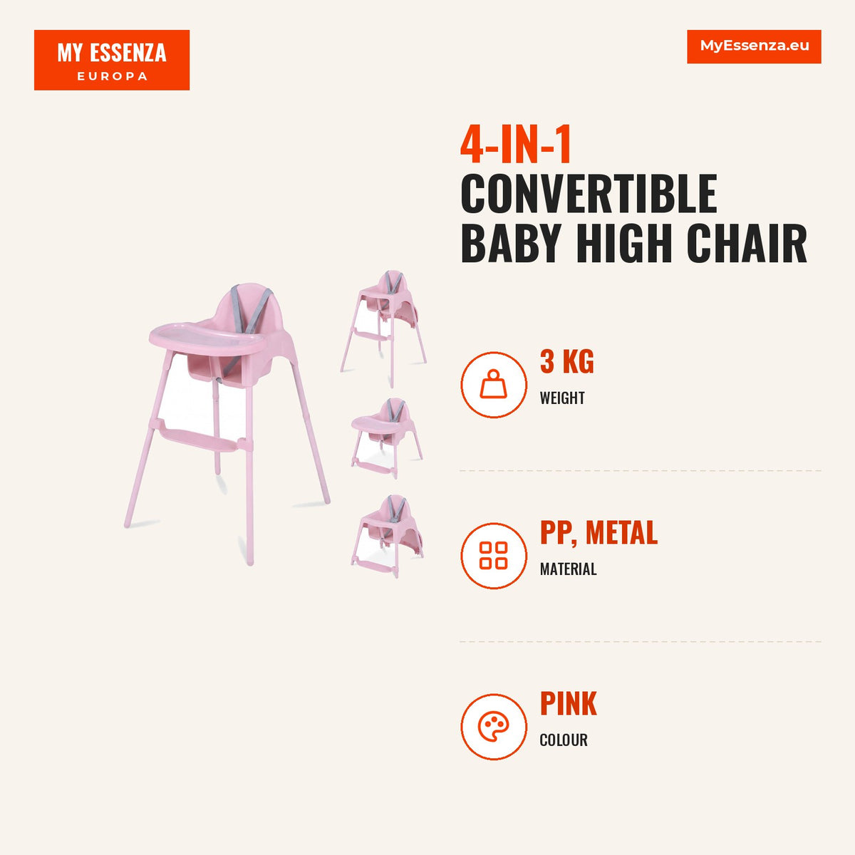 Cadeira Refeição Conversível 4 em 1 para Bebés 2 Alturas Bandeja Dupla Removível Arnês 5 Pontos Rosa — Infografia | Infographic — dimensions