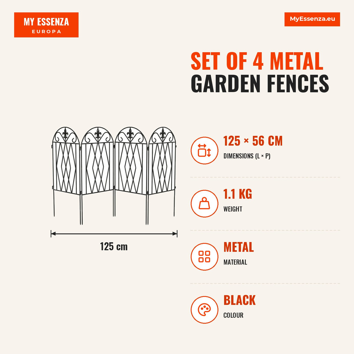 Conjunto de 4 Cercas de Jardim em Metal 125x56 cm Cercas Decorativas para Jardim com Design Arqueado Resistentes e Fáceis de Instalar para Horta Pátio — Infografia | Infographic — dimensions