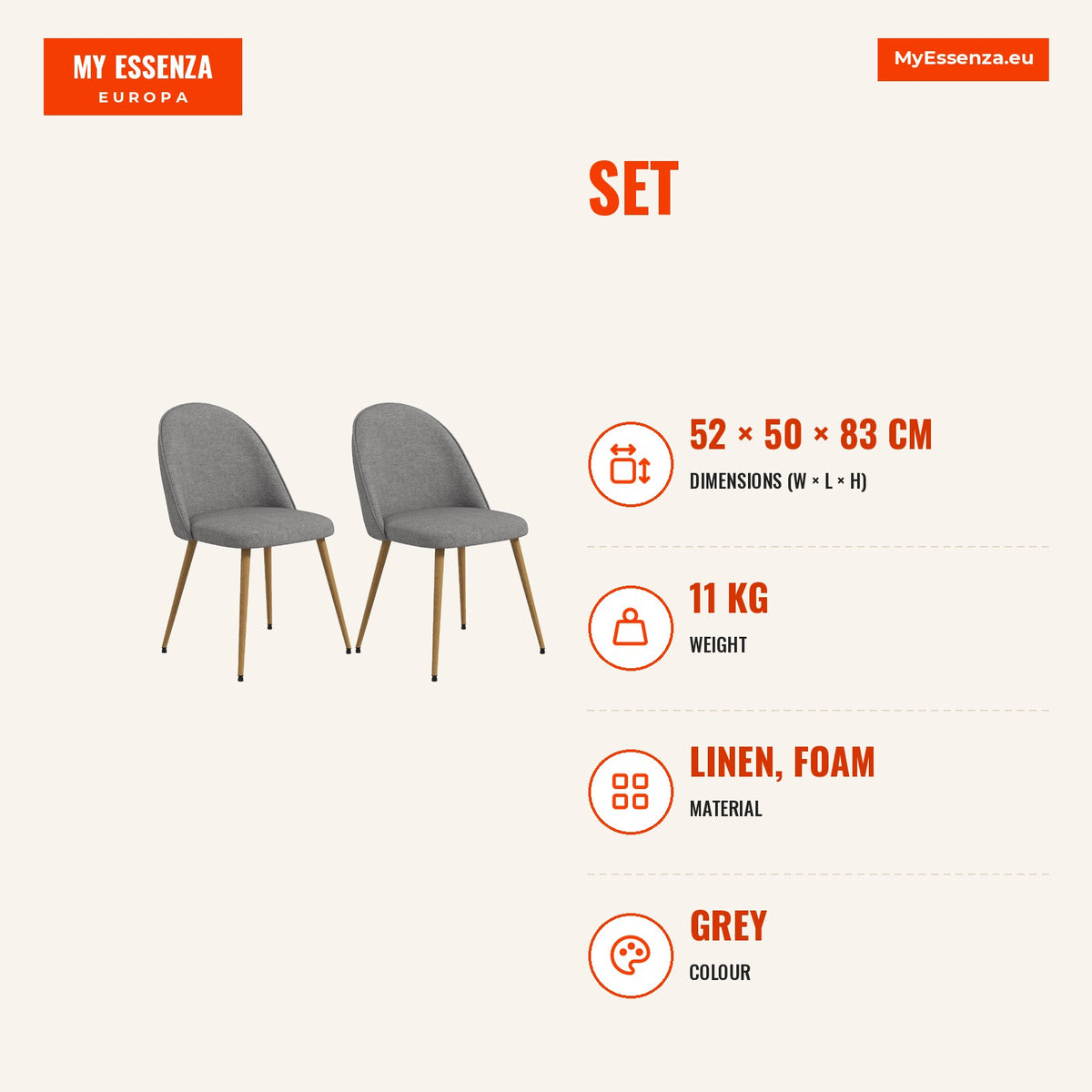 Conjunto de 2 Cadeiras Sala de Jantar Cadeiras de Cozinha Estofadas em Tecido de Linho com Pés de Aço para Sala de Estar Escritório Carga Máxima 120 k — Infografia | Infographic — dimensions