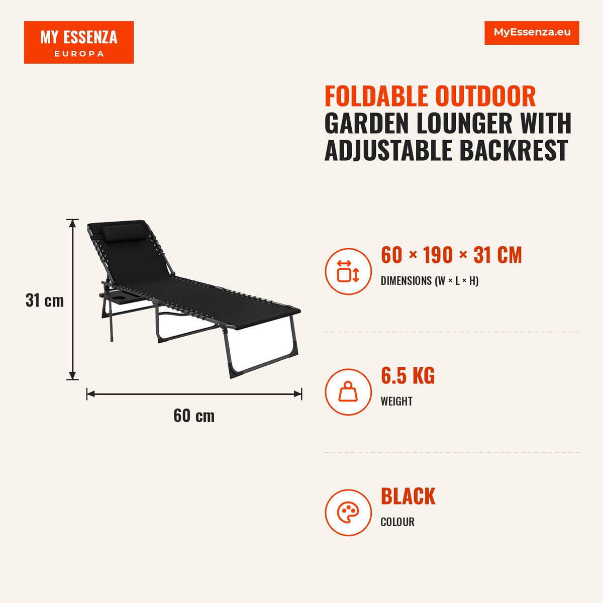 Espreguiçadeira Dobrável Espreguiçadeira de Jardim Exterior com Encosto Ajustável, Apoio de Cabeça Bolso Lateral Bandeja e Estrutura em Aço Suporta at — Infografia | Infographic — dimensions