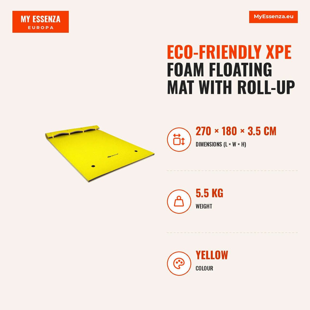 Colchoneta Flutuante Espuma XPE Ecológica com Almofada Enrollável 270x180x3,5cm — Infografia | Infographic — dimensions