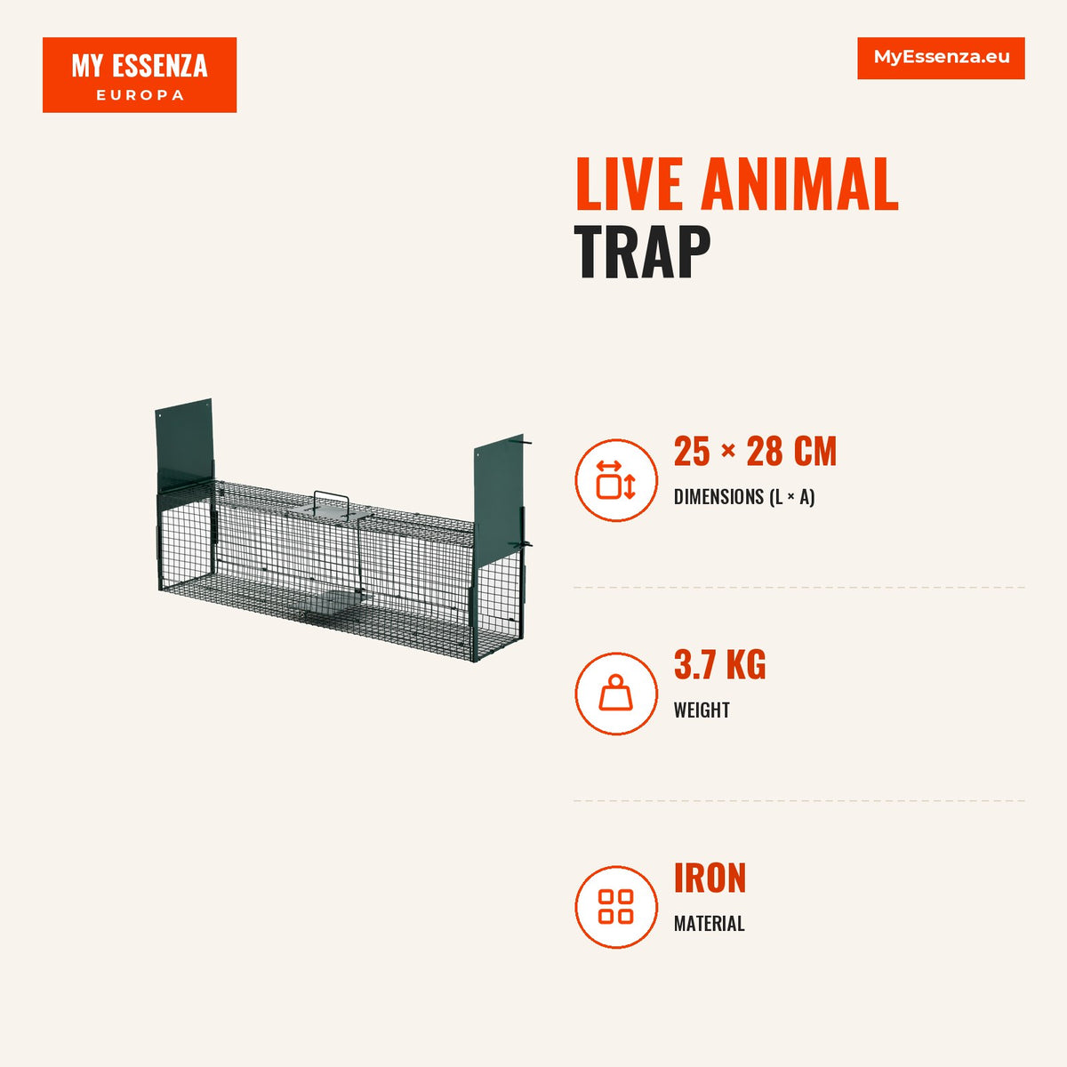 Armadilha com 2 portas para animais vivos Gaiola de captura de metal com alça 100x25x28 cm Verde escuro — Infografia | Infographic — dimensions