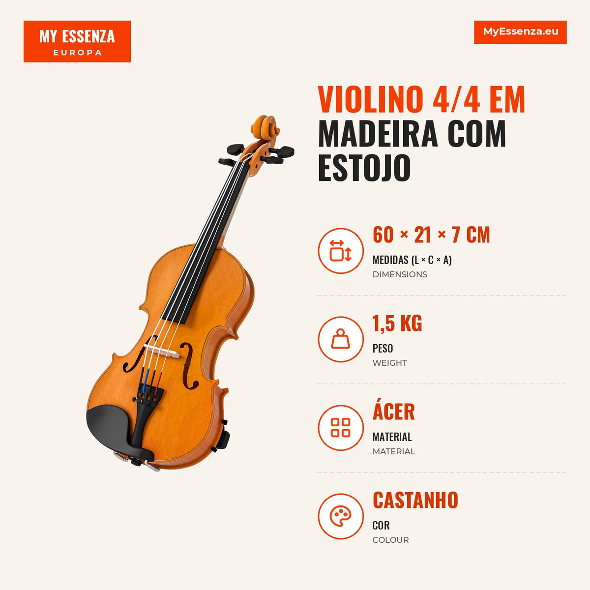 Violino 4/4 em Madeira com Estojo, Arco, Breu, Microafinadores, Cordas e Apoio de Ombro, Castanho — infografia 1