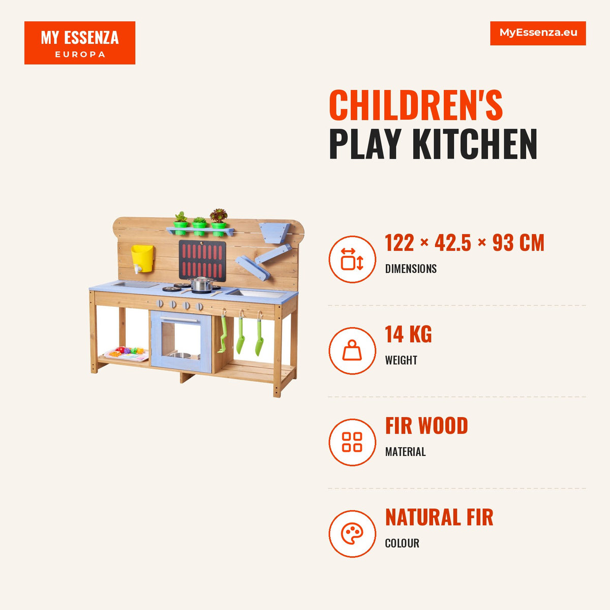 Cozinha de brincar para crianças, madeira de pinho, 4 fogões, dupla pia — Infografia | Infographic — dimensions