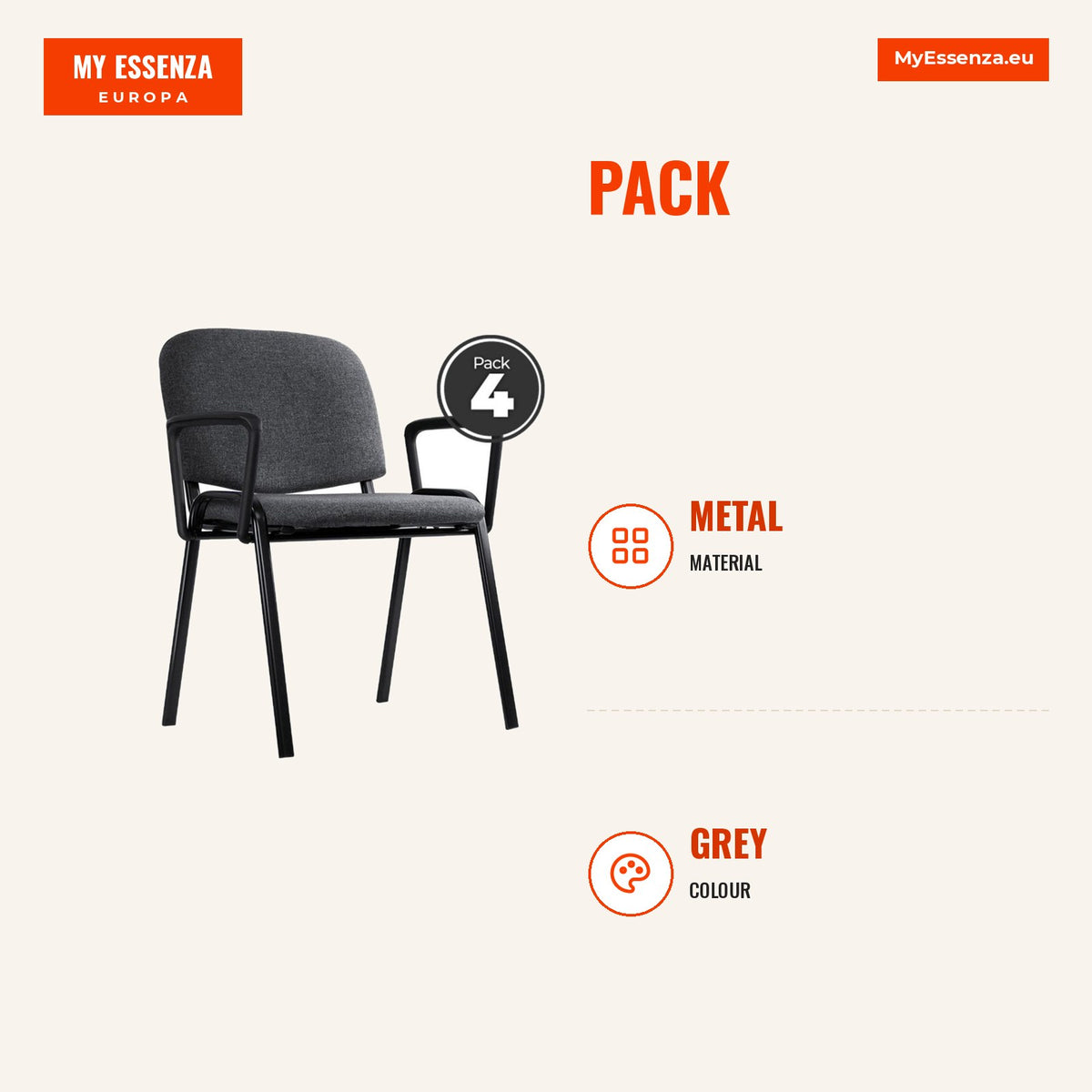 Pack 4 Cadeiras Ludus com Braços — Cinza — Infografia | Infographic — dimensions