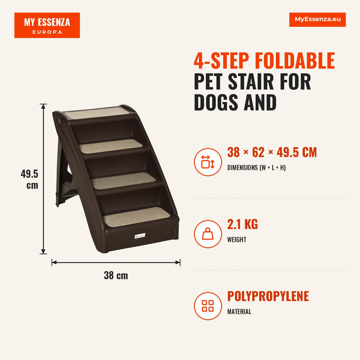 Escada Dobrável para Animais de Estimação de 4 Degraus para Cães Gatos Portátil com Tapetes Antiderrapantes para Cama Sofá Carga 20kg 62x38x49,5cm Mar — Infografia | Infographic — dimensions
