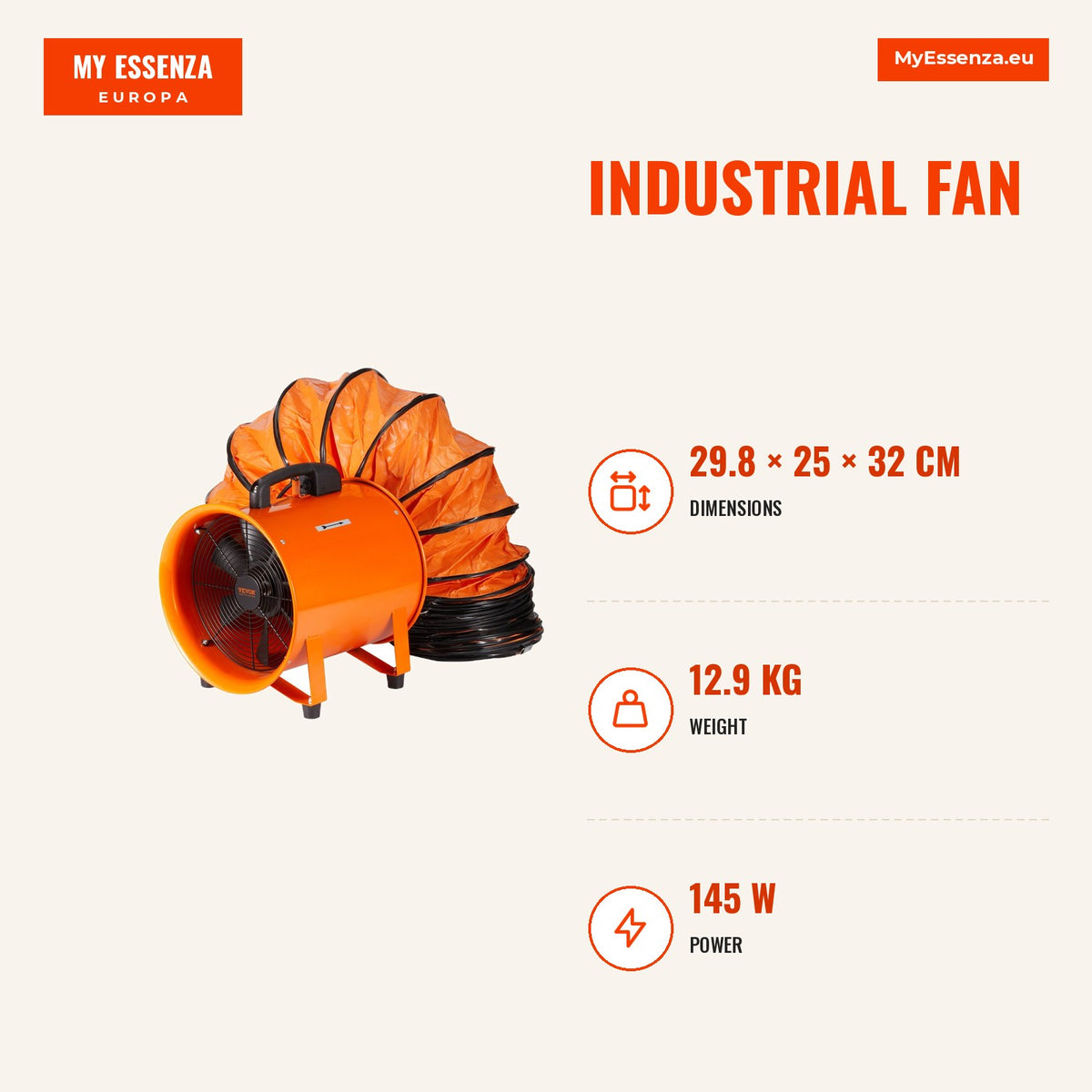 Ventilador industrial 203,2mm 145W 1020CFM com mangueira — Infografia | Infographic — dimensions