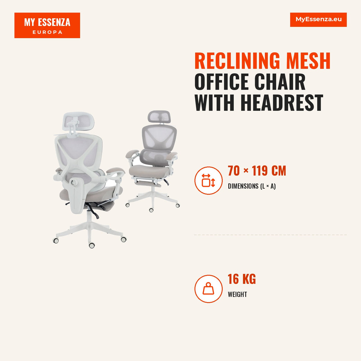 Cadeira de Escritório de Malha Reclinável com Apoio de Cabeça, Suporte Lombar, Apoio para os Pés e Altura Regulável, Cinzento Claro, 120 kg — Infografia | Infographic — dimensions