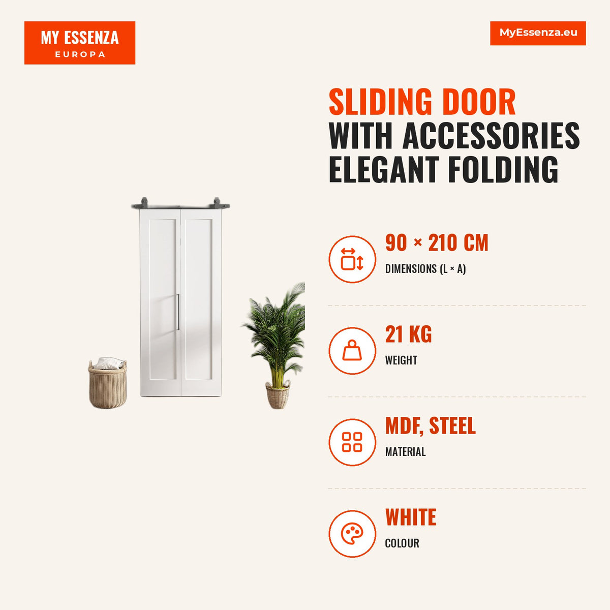 Porta de Correr com Acessórios Porta de Correr Dobrável com Acabamento Elegante Puxador Montagem Fácil para Casa de Banho Sala de Estar Cozinha 90x210 — Infografia | Infographic — dimensions