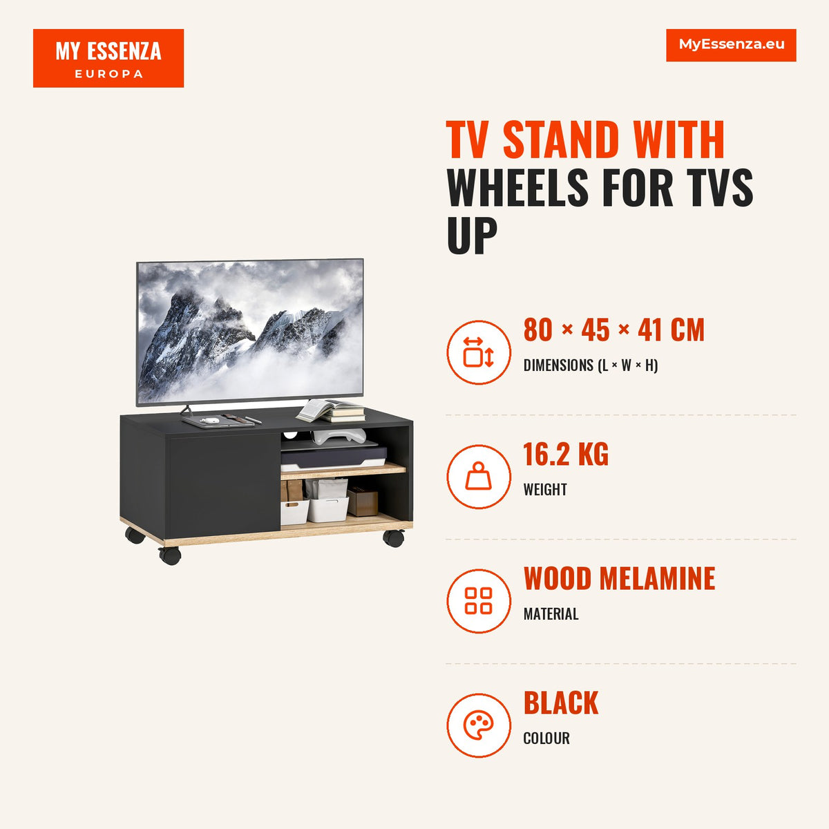 Móvel de TV com Rodas Mesa de TV Móvel até 42 Polegadas com 1 Porta 2 Compartimentos Abertos Prateleira Ajustável para Sala de Estar 80x45x41 cm Preto — Infografia | Infographic — dimensions