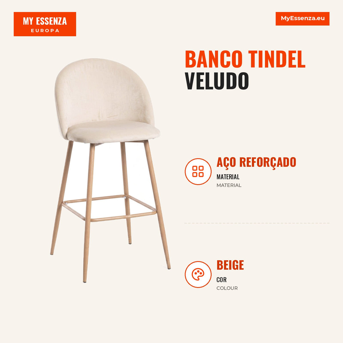 Banco Tindel Veludo — Beige — Infografia — medidas