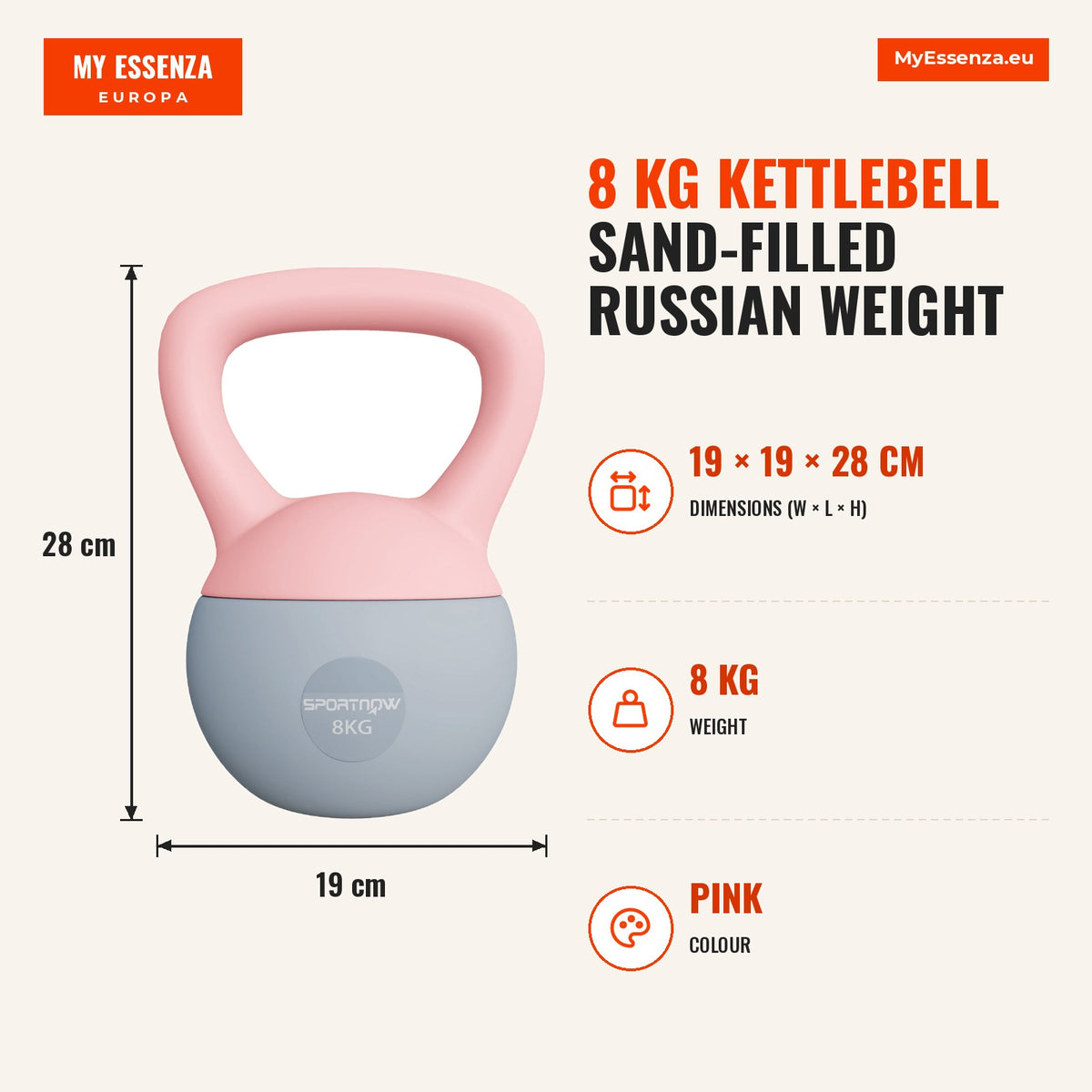 Kettlebell de 8 kg Pesa Russa Preenchida de Areia Metálica e Alça Antiderrapante para Treino de Musculação em Casa Ginásio Ø19x28 cm Rosa — Infografia | Infographic — dimensions
