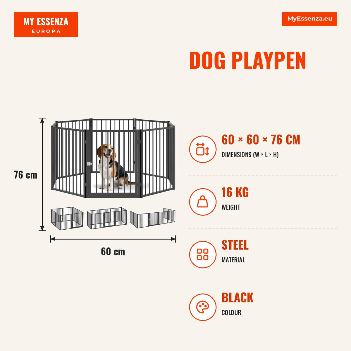 Parque para Cães Cercado para Cães com 8 Painéis 60x76 cm Parque para Cães Pequenos e Médios de Aço para Interior e Exterior Preto — Infografia | Infographic — dimensions