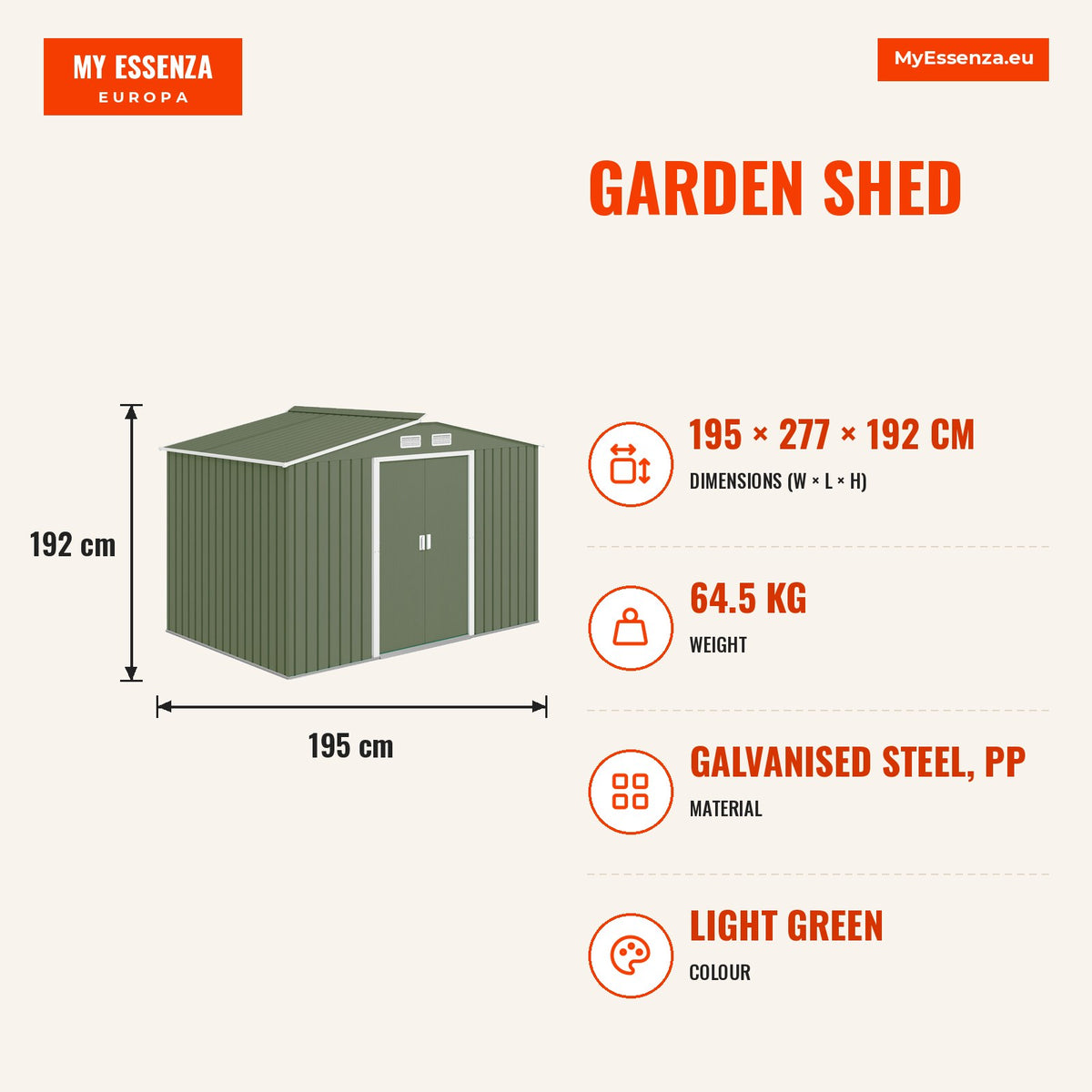 Abrigo de Jardim 4,83m² 277x195x192cm Abrigo e Jardim Metálico para Armazenamento de Ferramentas com Base de Reforço Incluída e 4 Janelas Verde Claro — Infografia | Infographic — dimensions