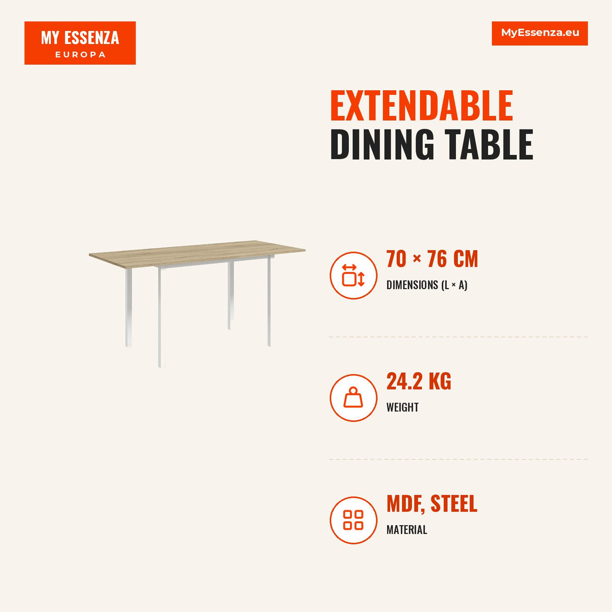 Mesa de Jantar Extensível para 4-6 Pessoas Mesa de Cozinha Moderna com Pés de Aço para Sala de Jantar 160x70x76 cm Madeira — Infografia | Infographic — dimensions