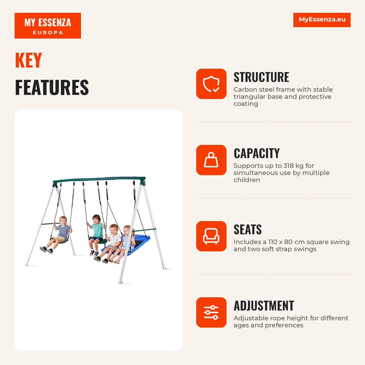 Conjunto de baloiços com estrutura em A, capacidade 318 kg, 3 lugares, aço revestido — Infografia | Infographic — dimensions