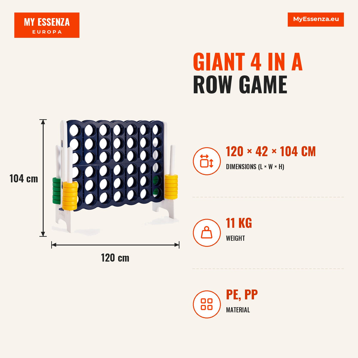 Jogo Gigante 4 em Linha com 42 Anéis - Interior/Exterior 120x42x104cm Crianças e Adultos — Infografia | Infographic — dimensions