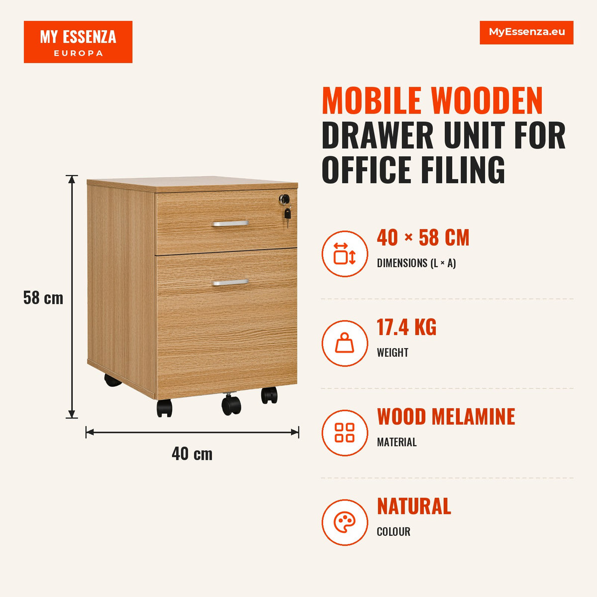Bloco de Gavetas de Madeira Móvel para Arquivos para Escritório com 2 Gavetas 5 Rodas e 2 Travões para Escritório Secretaria Casa 40x49x58 cm Natural — Infografia | Infographic — dimensions