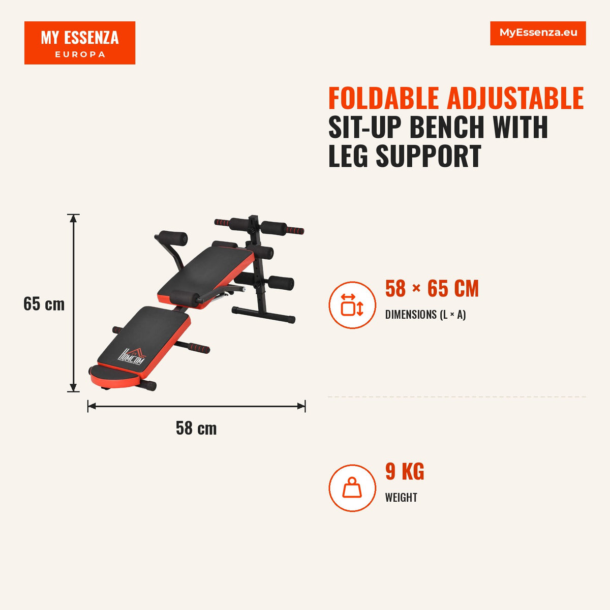 Banco de Abdominais Dobrável e Altura Ajustável Banco de Abdominais com Suporte para Pernas Regulável para Treinamento em Casa Escritório 148x58x52-65 — Infografia | Infographic — dimensions