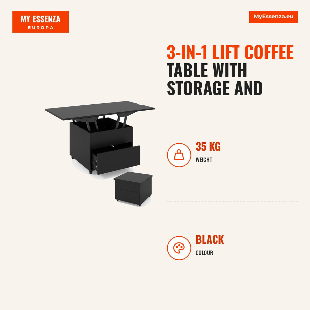 Mesa de Centro Elevável 3 em 1 com Arrumação e Rodas Bloqueáveis - Preta — Infografia | Infographic — dimensions