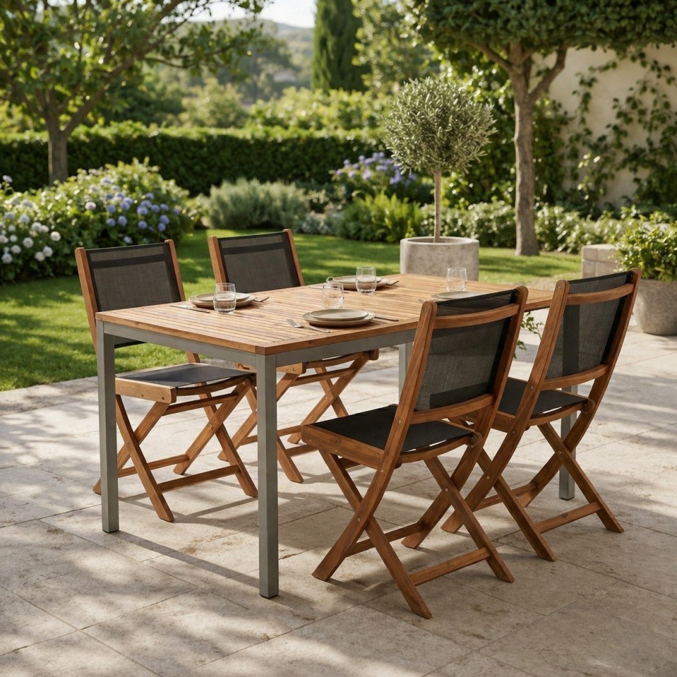 Mesa de jardim em acácia e metal 140x80x72 cm — foto 1