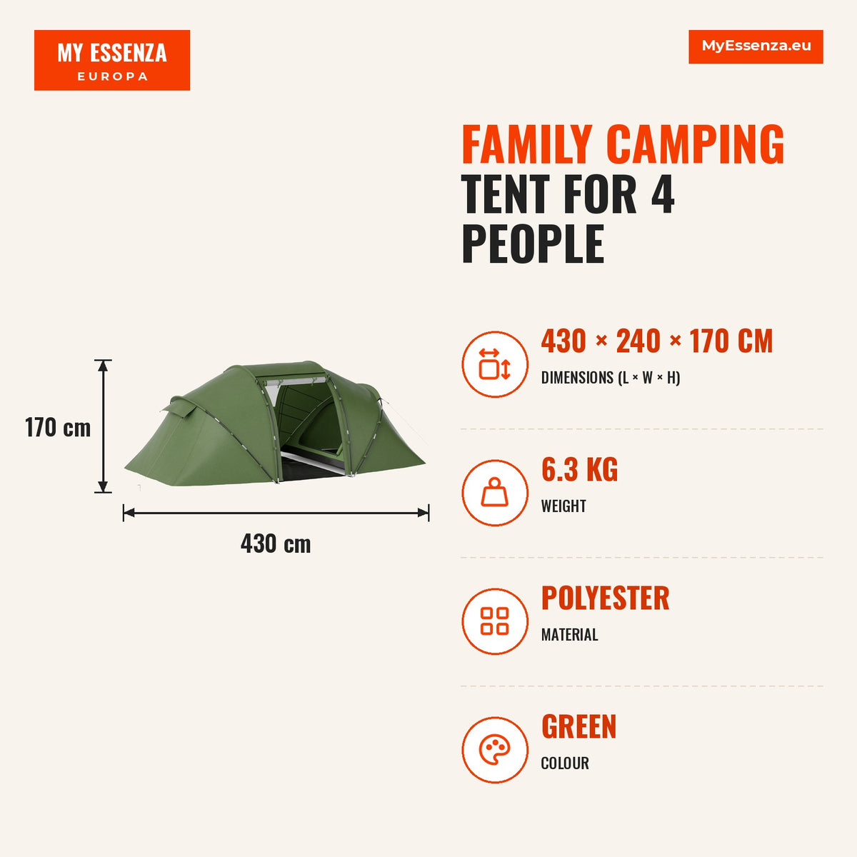 Tenda de Campismo Familiar para 4 Pessoas Tenda de Campismo Dobrável com Bolsa de Transporte Impermeável para Praia Parque 430x240x170 cm Verde — Infografia | Infographic — dimensions