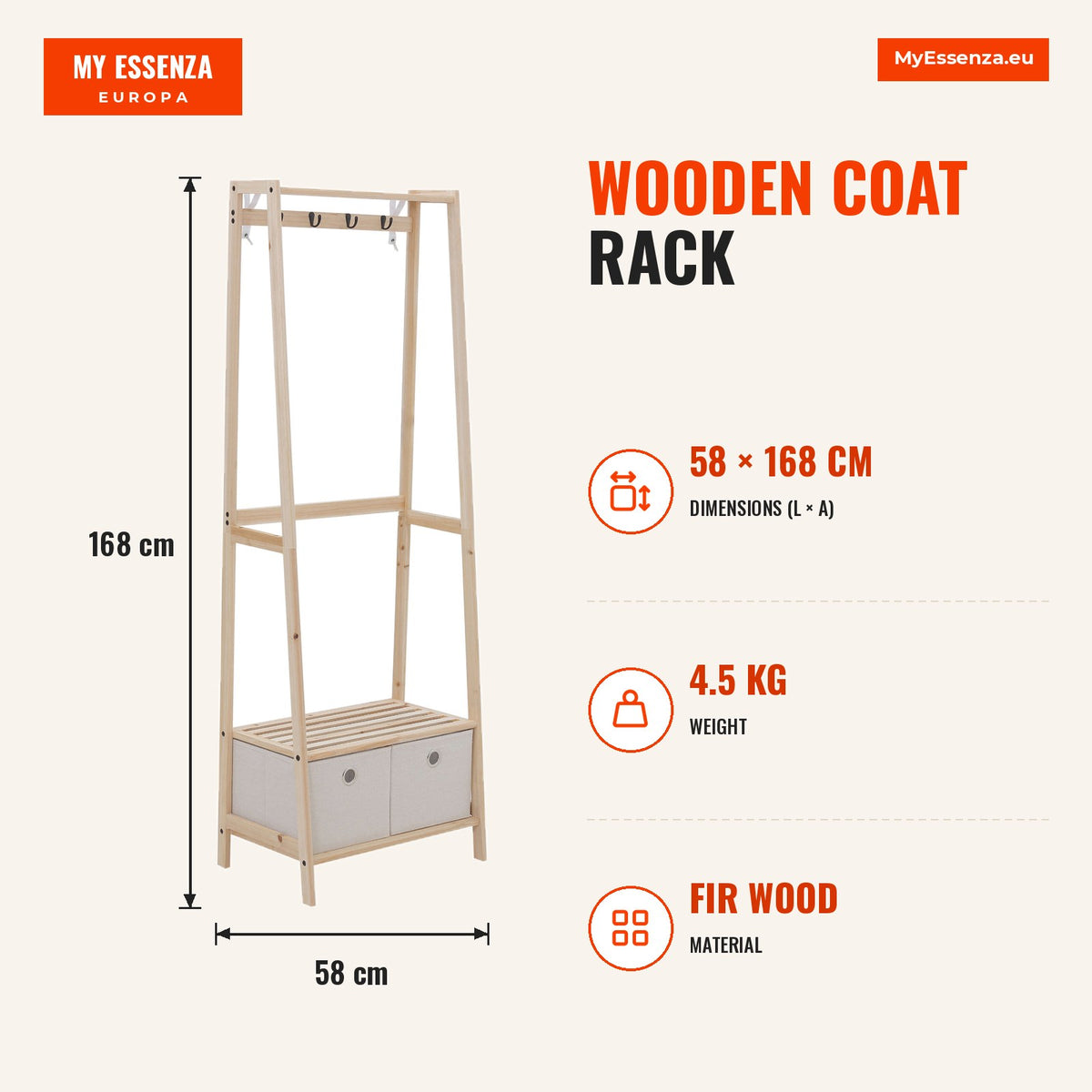 Suporte para Cabides de Madeira 2 Prateleiras Cabide com 2 Gavetas de Tecido 4 Ganchos e Barra para Pendurar Roupa Bolsas para Entrada Sala de Estar 5 — Infografia | Infographic — dimensions
