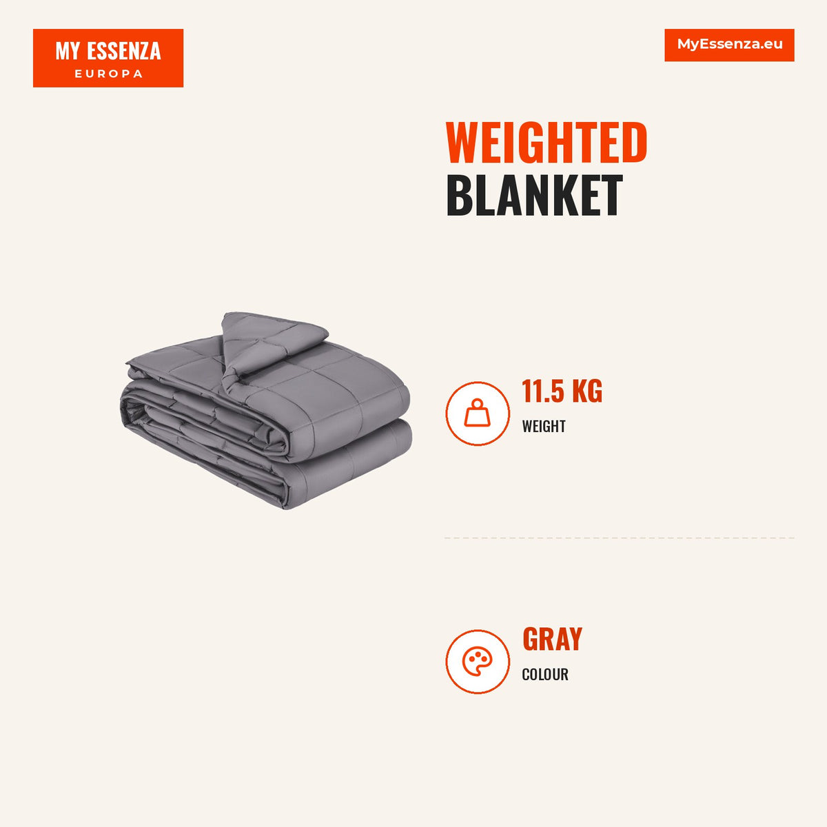 Cobertor ponderado 11 kg 203 x 221 cm, algodão cinzento — Infografia | Infographic — dimensions