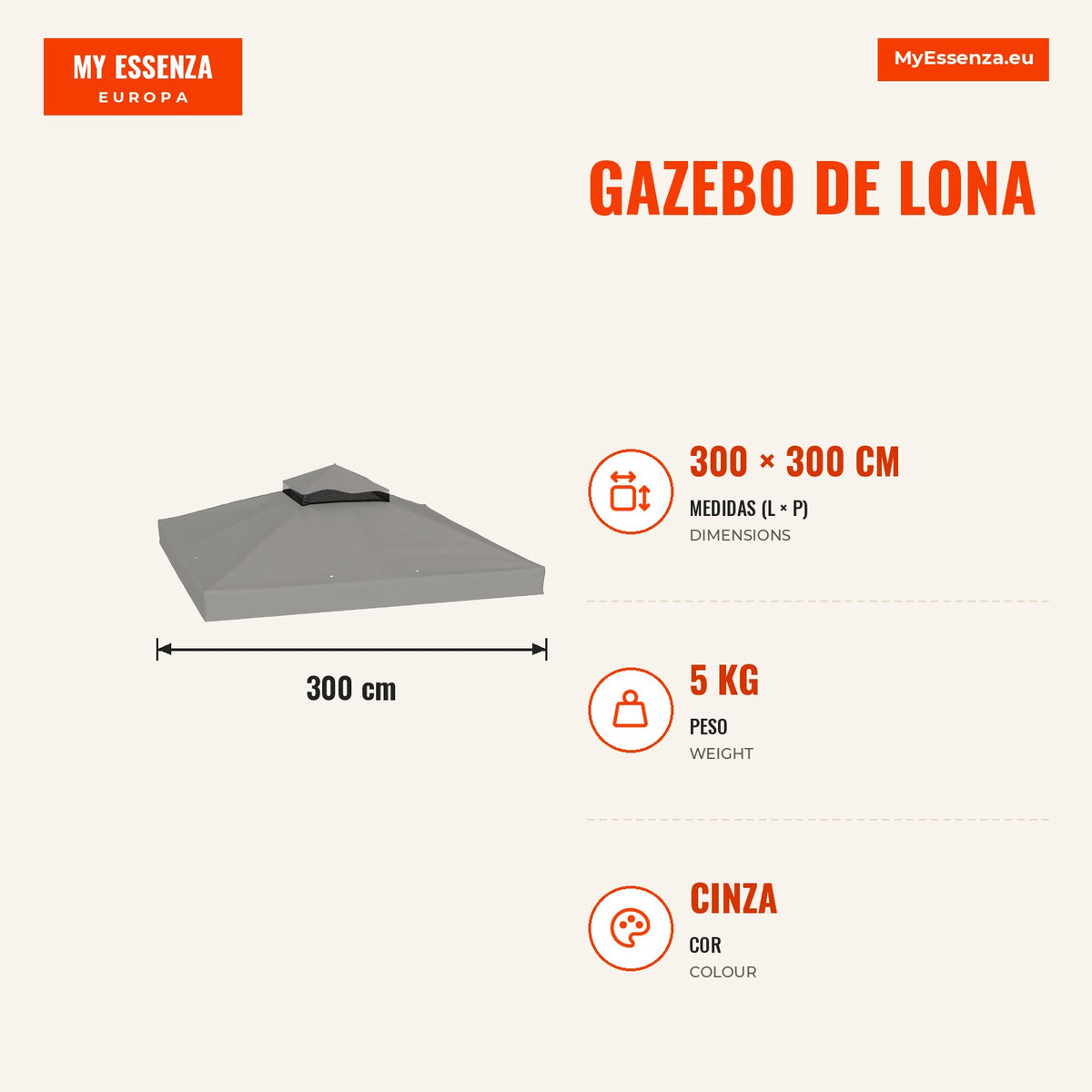 Gazebo de Lona 3x3 m Lona de Substituição para Gazebo com 2 Níveis Proteção UPF30+ Orifícios de Drenagem Cinza — infografia 1