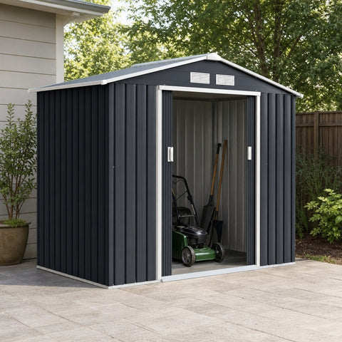 Abrigo de Jardim 213x130x185cm Abrigo de Jardim Metálico de Exterior para Armazenamento de Ferramentas com 2 Portas Deslizantes e 4 Janelas para Terraço Cinza Escuro — Ambiente | Lifestyle