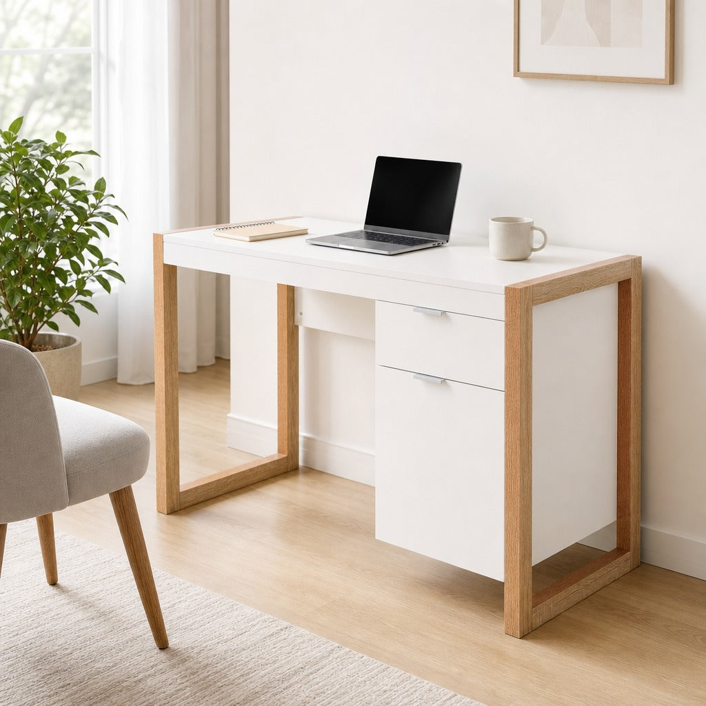 Mesa de Computador Secretária Espaçosa com Gaveta Armário Pés em Forma Retangular Estilo Moderno 112,5x50x75,5 cm Branco e Madeira — Ambiente | Lifestyle